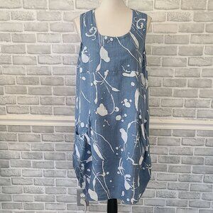 Linen Luv Linen Balloon Dress Pockets Made in Italy Lg Beach Coastal Resort Blue